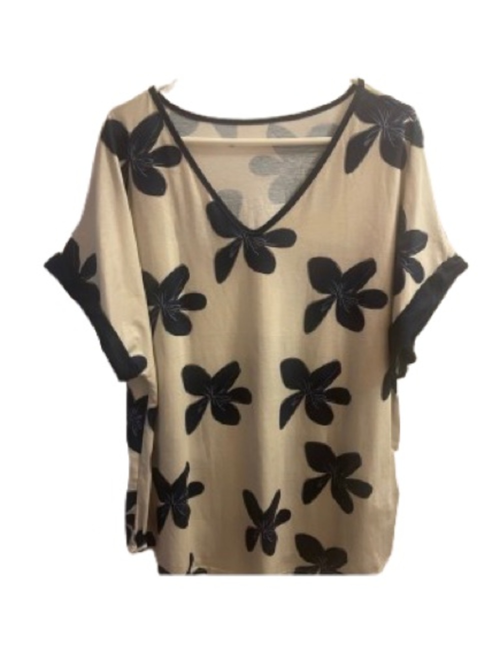 🦚3/$15 🦚SHEIN Women’s Cream and Navy Blue Floral Short Sleeve Tee Size 2X
